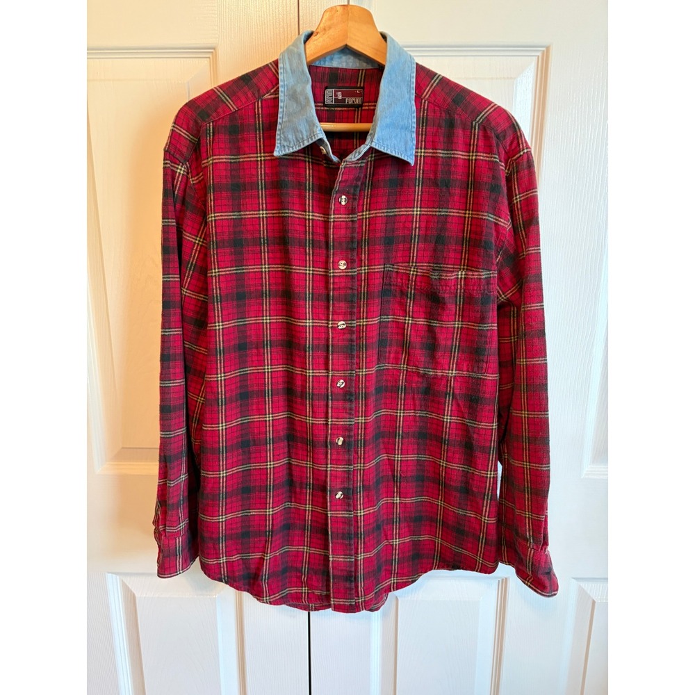 Vintage Forum Red Plaid Flannel Shirt Denim Collar Mens Large Long Sleeve 90s